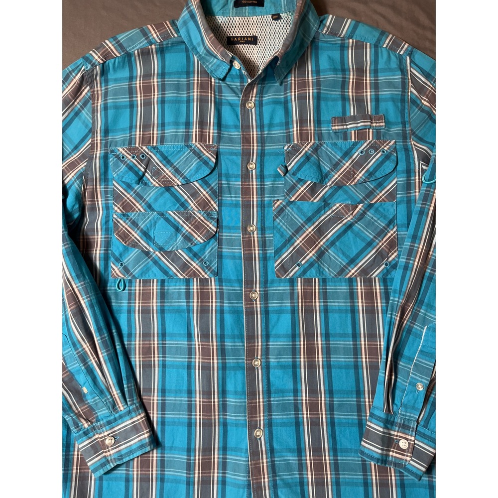 Fariani Italy Mens M Blue Plaid 100% Cotton Outdoor Trek Fishing Shirt‎ Vented - Picture 5 of 8